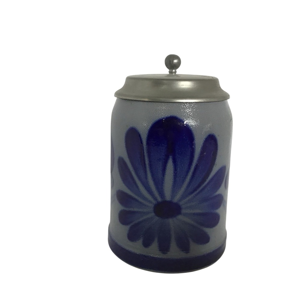 Stein-Mug Stoneware Vintage‎ Primitive Inspired Blue Floral With Lid Beer Stein - Picture 4 of 9